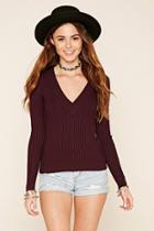 Forever21 Women's  Burgundy Ribbed Knit Sweater Top