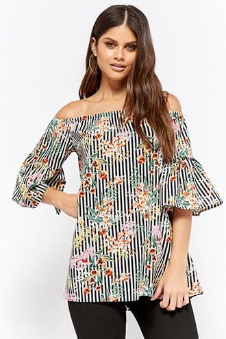 Forever21 Floral Striped Off-the-shoulder Tunic