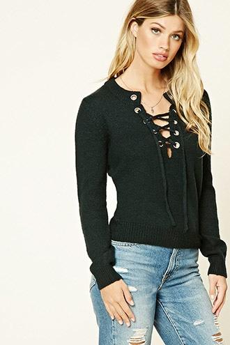Forever21 Women's  Hunter Green Marled Knit Lace-up Sweater Top