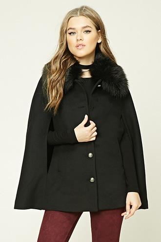 Forever21 Women's  Black Faux Fur-trimmed Cape