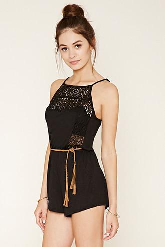Forever21 Women's Belted Crochet-paneled Romper