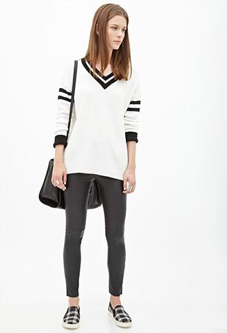 Forever21 Women's  Cream & Black Varsity-striped Sweater