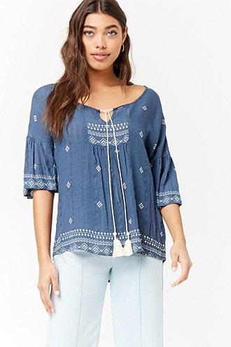 Forever21 Metallic Tribal-inspired Peasant Top