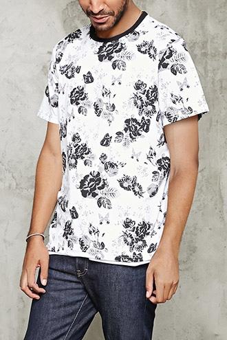 21 Men Men's  White & Black Floral Print Tee