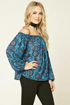 Love21 Women's  Teal & Tomato Contemporary Off-the-shoulder Top
