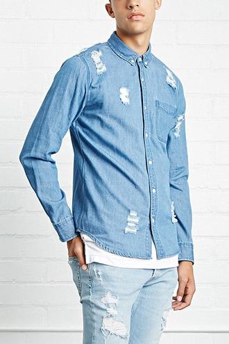21 Men Men's  Slim-fit Distressed Denim Shirt