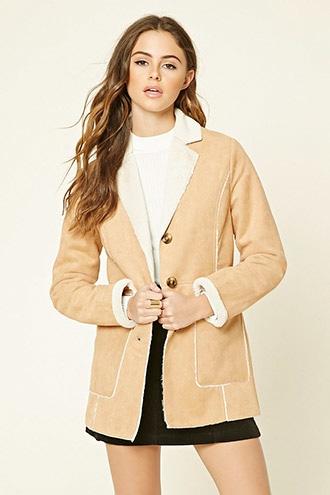 Forever21 Women's  Camel Longline Faux Suede Coat