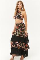 Forever21 Crinkled Floral Cropped Halter Top & Tiered Skirt Set