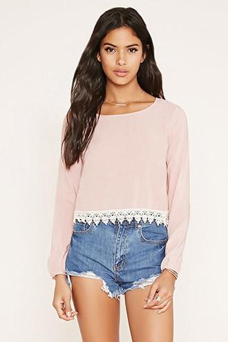 Forever21 Women's Dusty Pink Crochet-hem Boxy Top