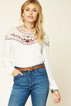 Love21 Women's  Ivory & Burgundy Contemporary Embroidered Top