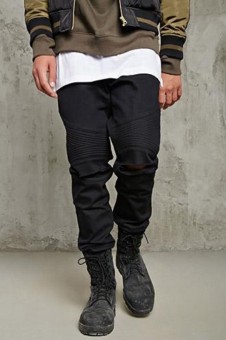 21 Men Men's  Slim-fit Ripped-knee Moto Jeans