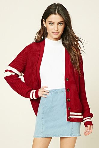 Forever21 Women's  Burgundy & Cream Striped Trim Cardigan