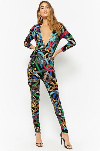 Forever21 Belt Print Surplice Jumpsuit