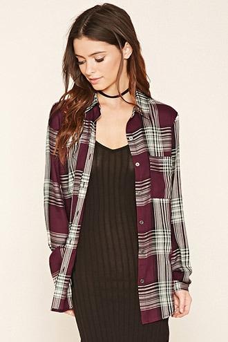 Forever21 Women's  Burgundy & Black Plaid Button-front Shirt