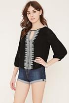 Forever21 Women's  Black & Cream Geo-embroidered Gauze Top
