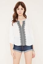 Forever21 Women's  Cream & Black Geo-embroidered Gauze Top