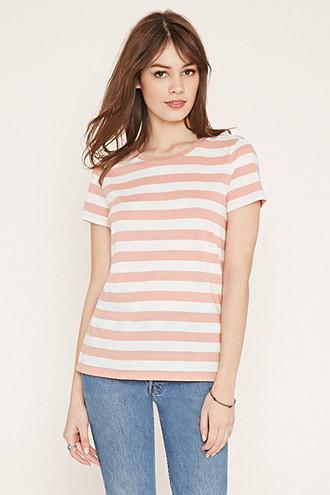Forever21 Women's  Peach & White Striped Tee
