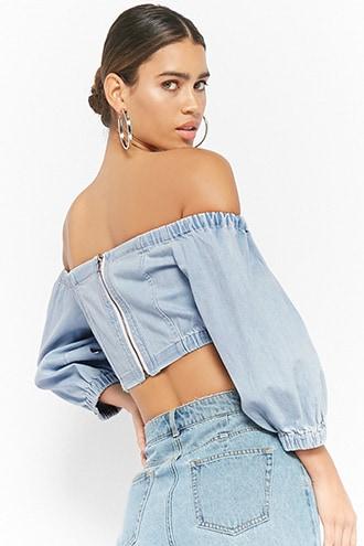 Forever21 Denim Off-the-shoulder Crop Top
