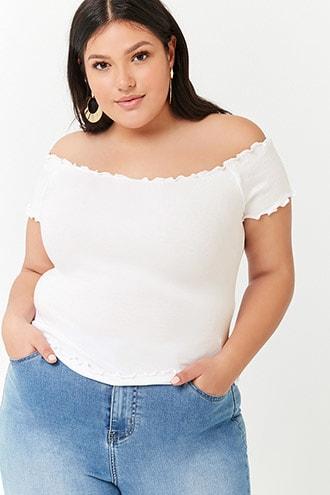 Forever21 Plus Size Off-the-shoulder Lettuce-edge Crop Top