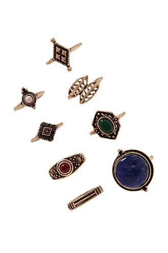 Forever21 Antique Gold & Blue Faux Stone Midi Ring Set