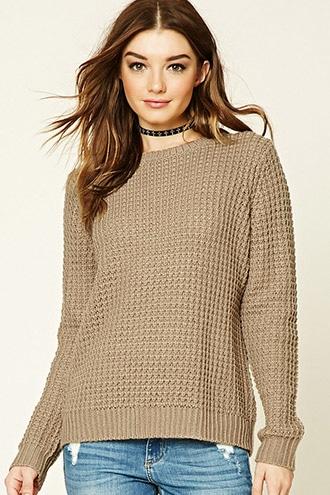 Forever21 Women's  Cocoa Boxy Waffle Knit Sweater