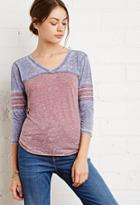 Forever21 Women's  Striped-sleeve Burnout Top (blue/burgundy)
