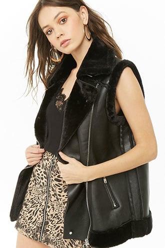 Forever21 Plush-trim Faux Leather Moto Vest