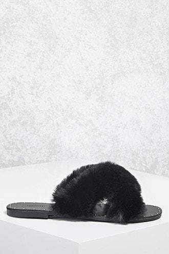 Forever21 Faux Fur Crisscross Slides