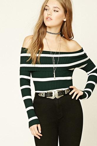 Forever21 Women's  Hunter Green & Cream Stripe Off-the-shoulder Top