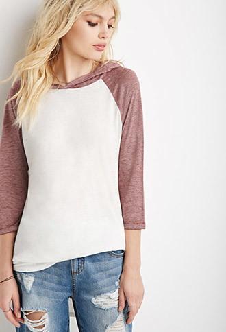 Forever21 Women's  Hooded Baseball Tee (ivory/wine)