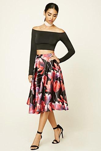 Forever21 Women's  Black & Red Floral Print A-line Skirt