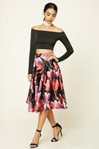 Forever21 Women's  Black & Red Floral Print A-line Skirt