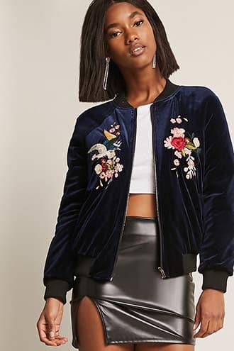 Forever21 Velvet Floral Embroidered Bomber Jacket