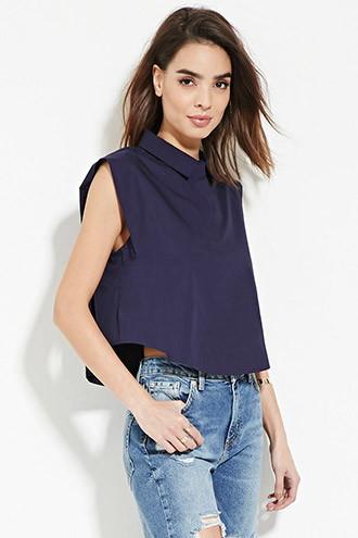 Love21 Women's  Navy Contemporary Collar Crop Top