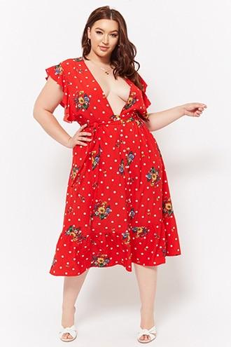 Forever21 Plus Size Floral Polka Dot Midi Dress