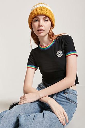 Forever21 Laser Kitten Rainbow Stripe Ringer Tee