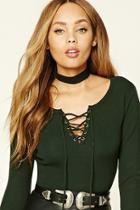 Forever21 Women's  Hunter Green Lace-up Ribbed Knit Sweater
