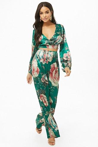 Forever21 Floral Surplice Crop Top & Palazzo Pants