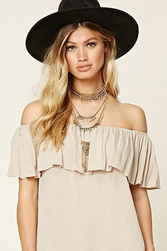 Forever21 Women's  Taupe Off-the-shoulder Flounce Top