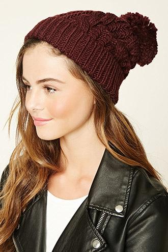 Forever21 Women's  Burgundy Cable Knit Pom-pom Beanie