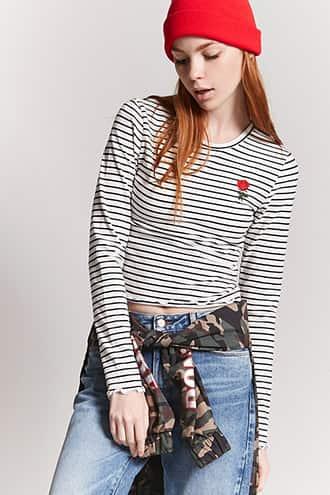 Forever21 Stripe Rose Embroidered Top
