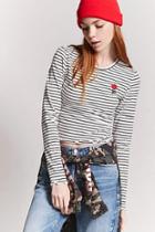 Forever21 Stripe Rose Embroidered Top