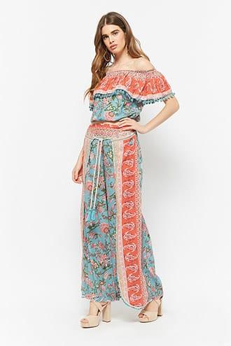 Forever21 Z & L Europe Floral Tulip Wide-leg Pants