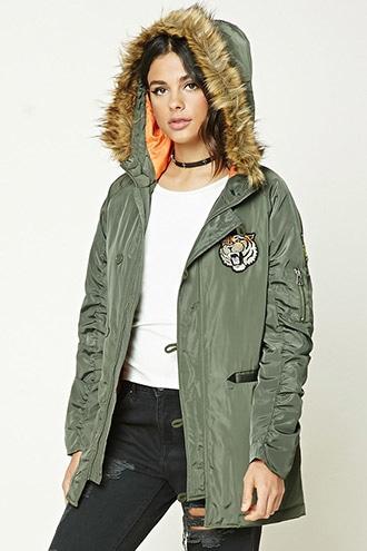 Forever21 Women's  Olive Tiger Patch Hooded Jacket