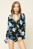 Forever21 Women's  Black & Blue Floral Print Romper