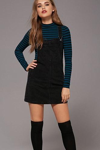 Forever21 Women's  Black & Teal Stripe Mock-neck Top