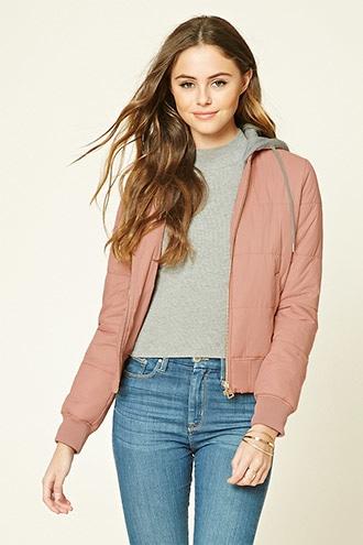 Forever21 Women's  Blush & Heather Grey Hooded Puffer Jacket