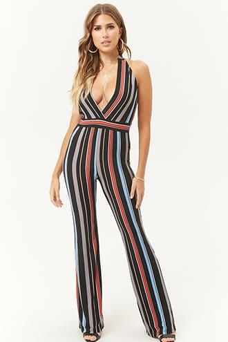 Forever21 Striped Surplice Halter Jumpsuit