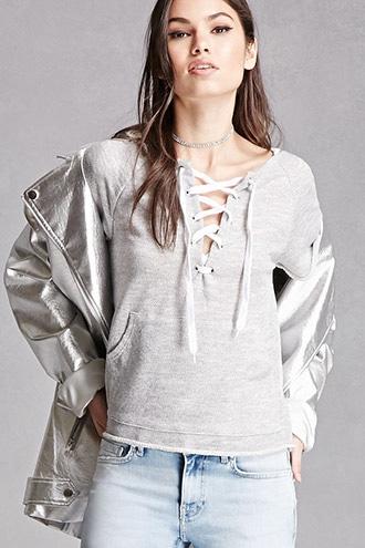 Forever21 Hooded French Terry Lace-up Top