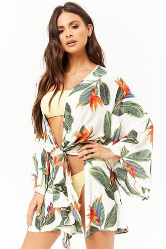 Forever21 Tropical Leaf Print Kaftan Swim Cover-up